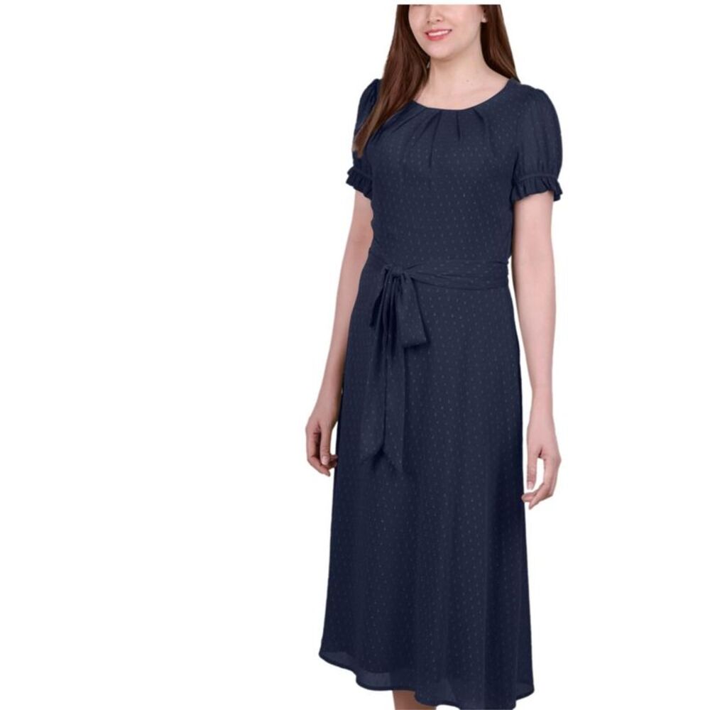 NY Collection Womens Swiss Dot Pin Tuck Midi Dress, Blue, Petite, PM, DM
